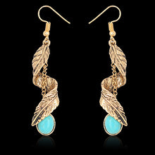 Load image into Gallery viewer, Turquoise Wrapped Bohemian Feather Dangle Earrings