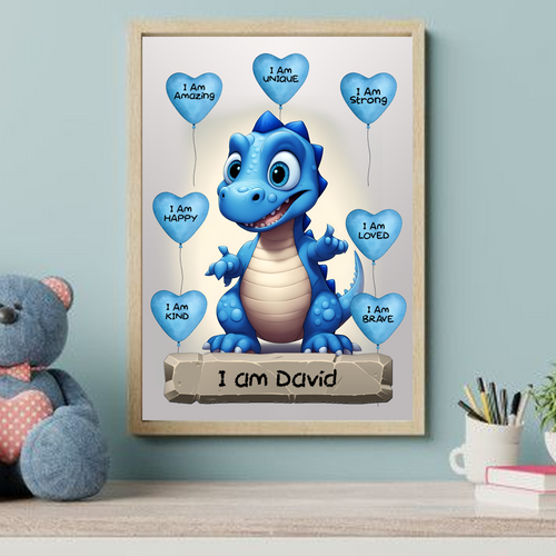 Positive Affirmation Personalised I Am Amazing Blue Dinosaur Prints