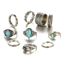 Load image into Gallery viewer, Turquoise 10 Piece Boho Ring Set