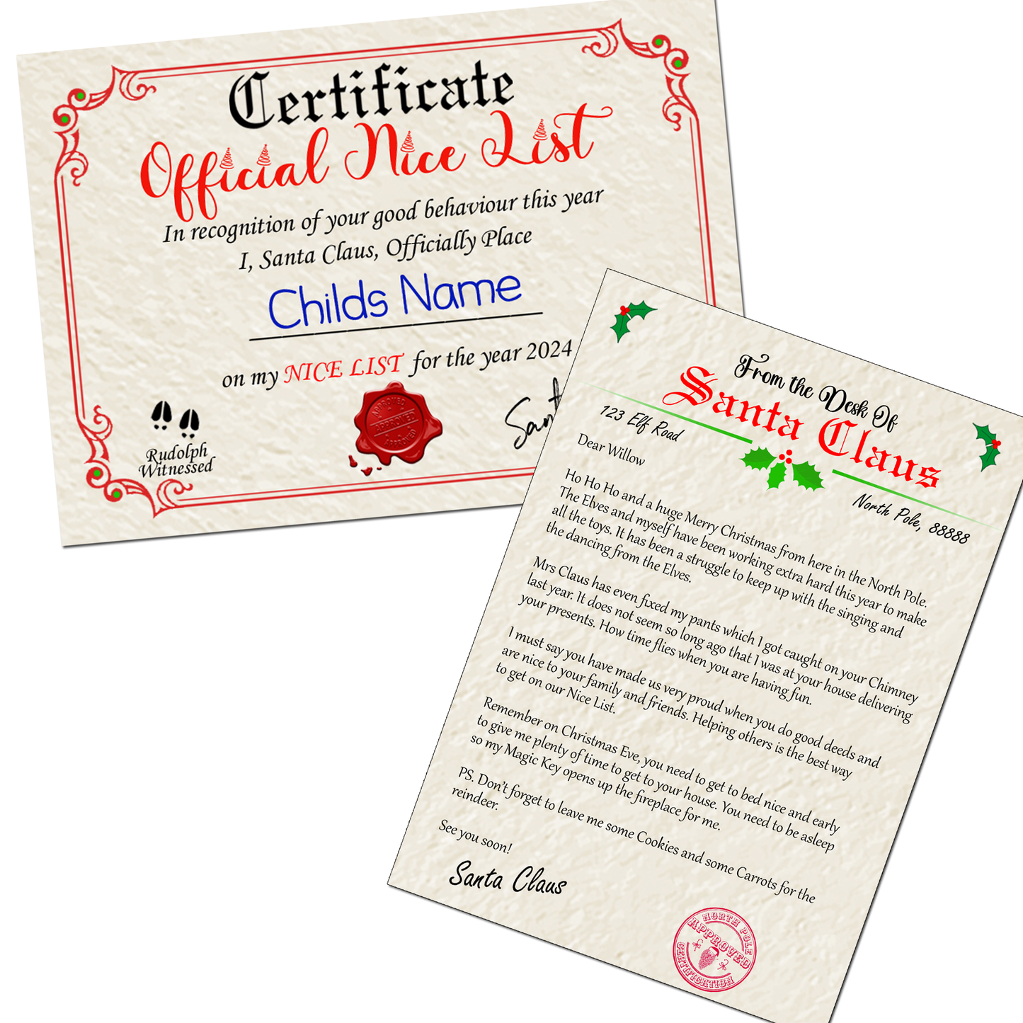 Personalised Christmas Nice List Certificate and Letters 2024