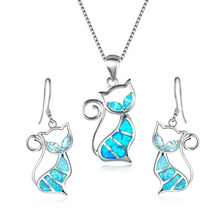 Load image into Gallery viewer, Blue Fire Cat Pendant and Earrings