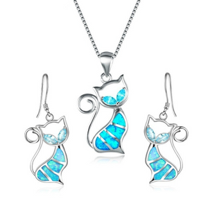 Blue Fire Cat Pendant and Earrings