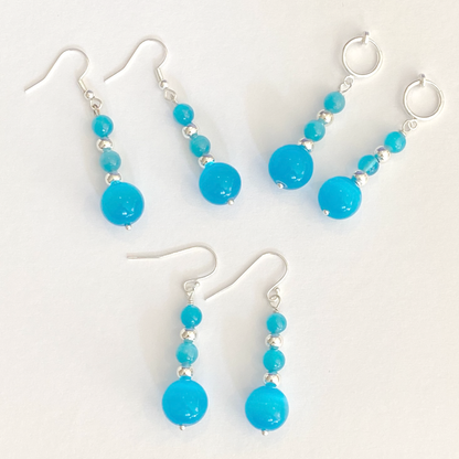 925 Silver Hooks on Blue Cat Eye and Silver Bead Drop Earrings