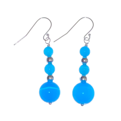 925 Silver Hooks on Blue Cat Eye and Silver Bead Drop Earrings