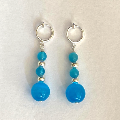 925 Silver Hooks on Blue Cat Eye and Silver Bead Drop Earrings