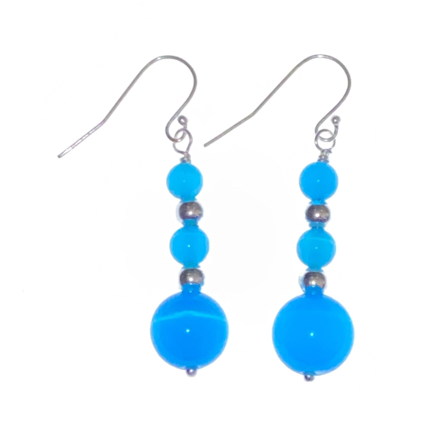 925 Silver Hooks on Blue Cat Eye and Silver Bead Drop Earrings