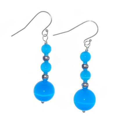 925 Silver Hooks on Blue Cat Eye and Silver Bead Drop Earrings