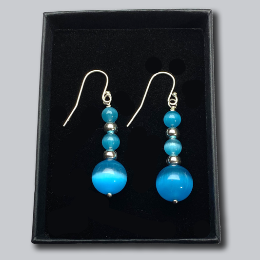 925 Silver Hooks on Blue Cat Eye and Silver Bead Drop Earrings