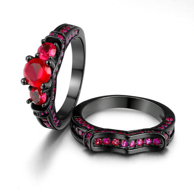 Steampunk Black Gold Color Blood Red Stone Pair of Rings