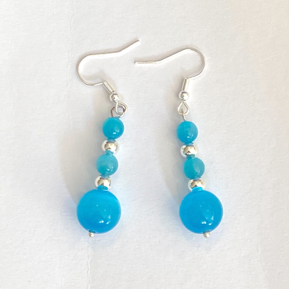 925 Silver Hooks on Blue Cat Eye and Silver Bead Drop Earrings