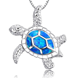 Blue Fire Opal Sea Turtle Tribal Necklace