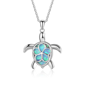 Blue Fire Opal Sea Turtle Tribal Rose Necklace