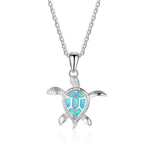 Blue Fire Opal Swimming Turtle Necklace