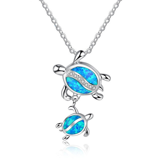 Blue Fire Opal Ohana Sea Turtle Necklace