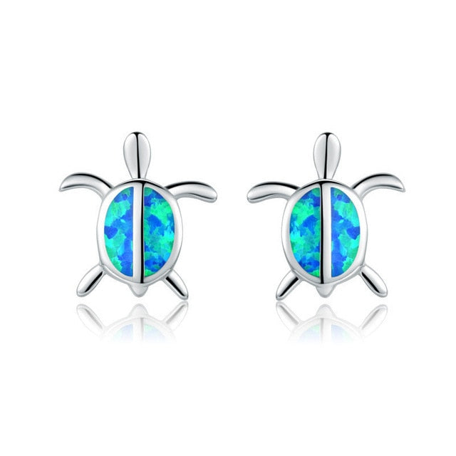 Beautiful Blue Fire Opal Sea Turtle Tribal Earrings